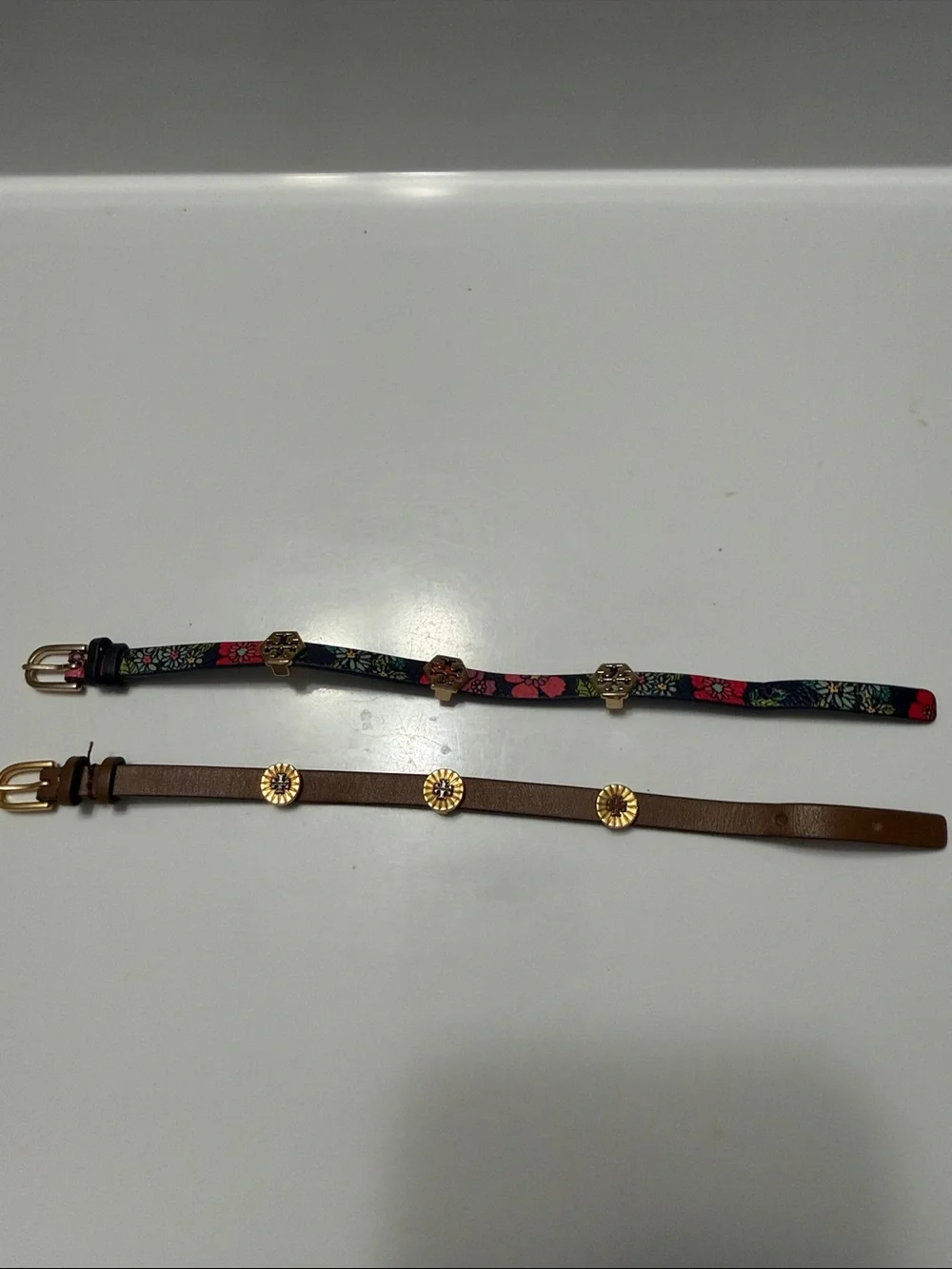 TWO Tory Burch blue floral and Brown Leather Women's bracelets